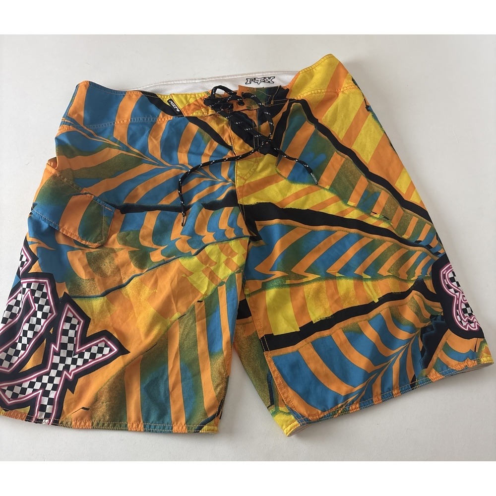 Fox Racing Board Shorts Swim Trunks Bold Graphic Print Size 34 Orange Blue